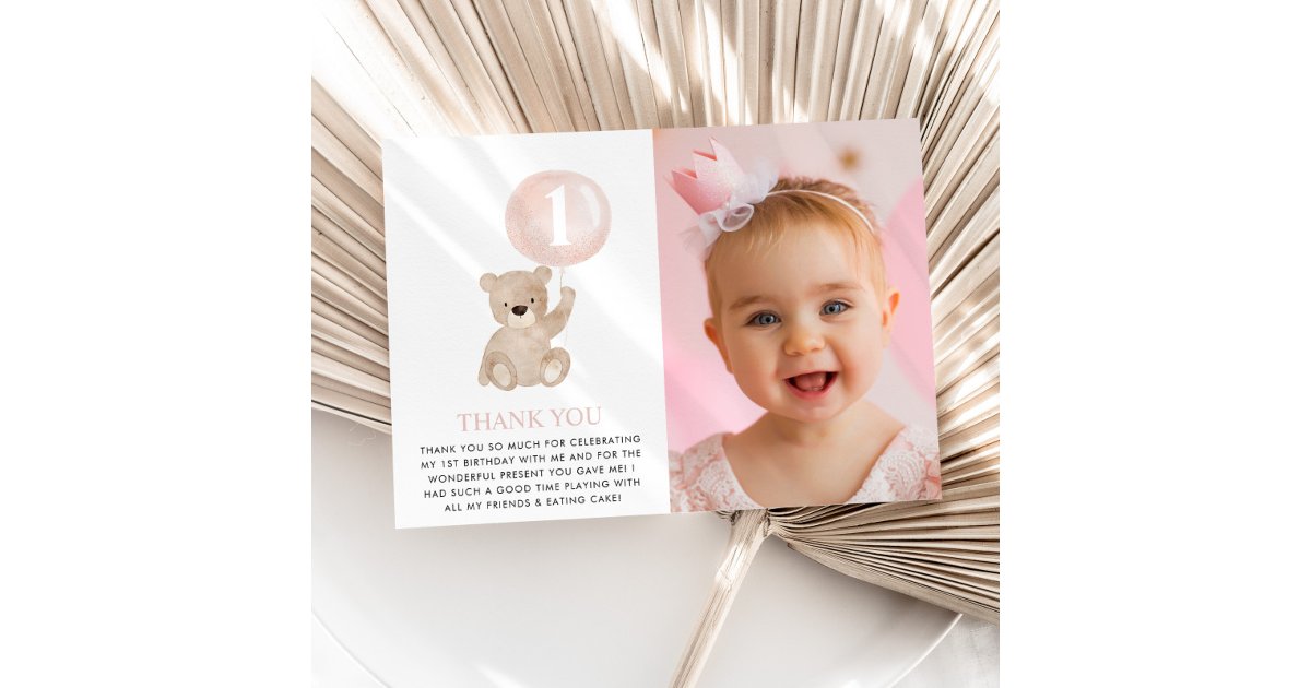 Beary 1st Birthday Bear Pink Balloon Photo Flat Thank You Card | Zazzle