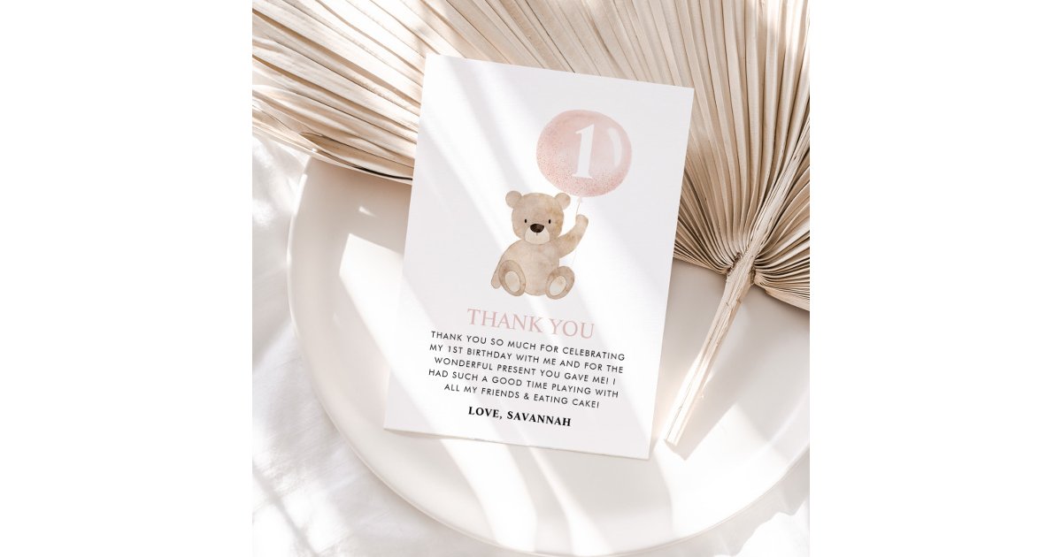 Beary 1st Birthday Bear Pink Balloon Thank You Card | Zazzle