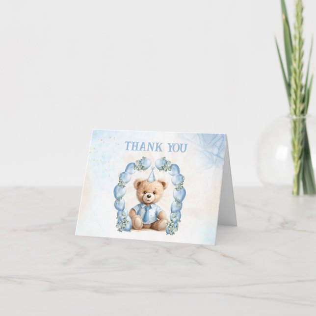 Beary 1st Birthday Blue Beige Baloons Teddy Bear Thank You Card (Front)