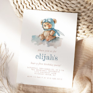 Beary 1st Birthday Blue Watercolor Teddy Bear Invitation