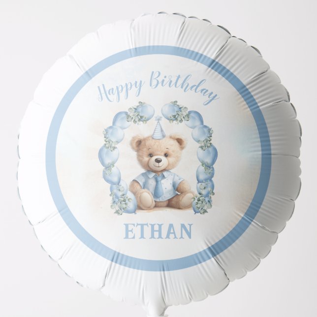 Beary 1st Birthday Boy Name Teddy Bear Pastel Blue Balloon (Front)
