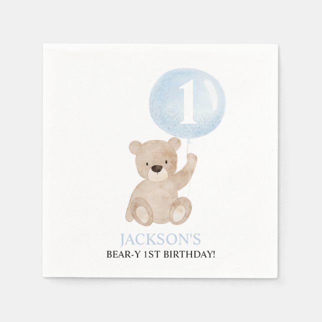 Beary 1st Birthday Boys Blue Balloon Napkins (Front)