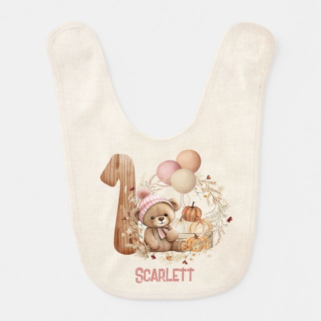 Beary 1st Birthday Girl Bear Name Fall Baby Bib (Front)