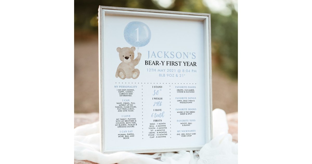 Beary 1st Birthday Milestone Blue Boy Bear Poster | Zazzle