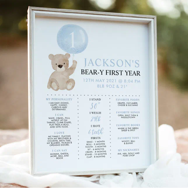 Beary 1st Birthday Milestone Blue Boy Bear Poster | Zazzle