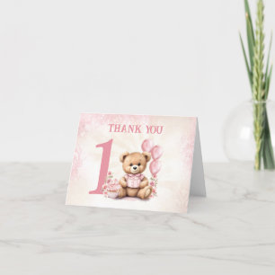 Beary 1st Birthday Pink Number Balloons Teddy Bear Letterpress Thank You Card