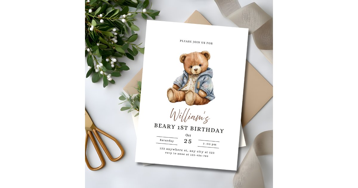 Beary 1st Birthday Teddy Bear Boy Birthday Party Invitation | Zazzle
