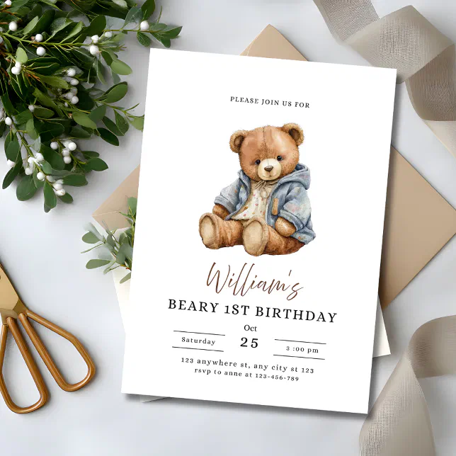 Beary 1st Birthday Teddy Bear Boy Birthday Party Invitation | Zazzle