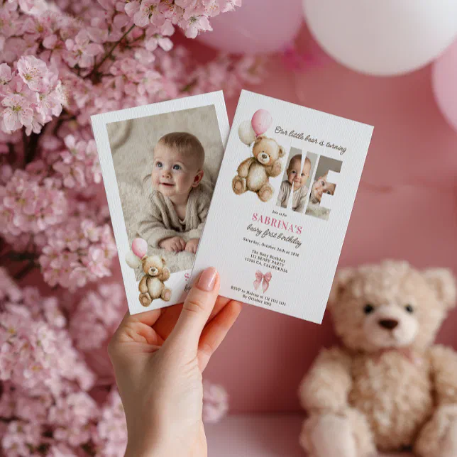 Beary 1st Birthday Teddy Bear Photo Pink Balloon Invitation | Zazzle