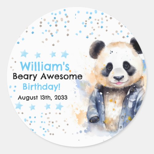Beary Awesome Boys Watercolor Panda Birthday Classic Round Sticker