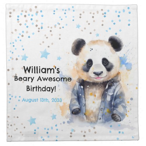 Beary Awesome Boys Watercolor Panda Birthday Cloth Napkin