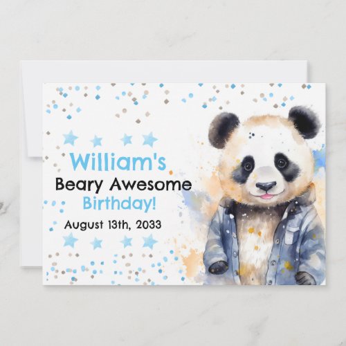 Beary Awesome Boys Watercolor Panda Birthday Invitation