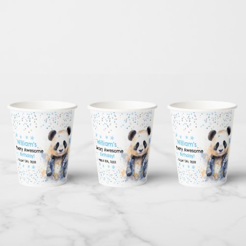 Beary Awesome Boys Watercolor Panda Birthday Paper Cups