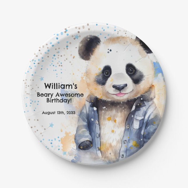 Beary Awesome Boys Watercolor Panda Birthday Paper Plates (Front)