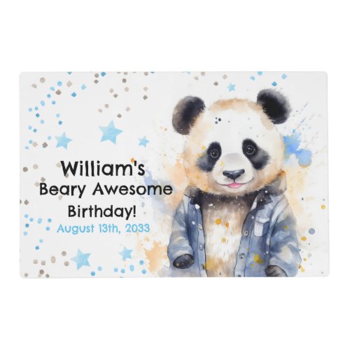 Beary Awesome Boys Watercolor Panda Birthday Placemat
