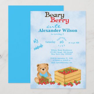 Beary Berry Cute Blue Cub's Strawberries Birthday Invitation