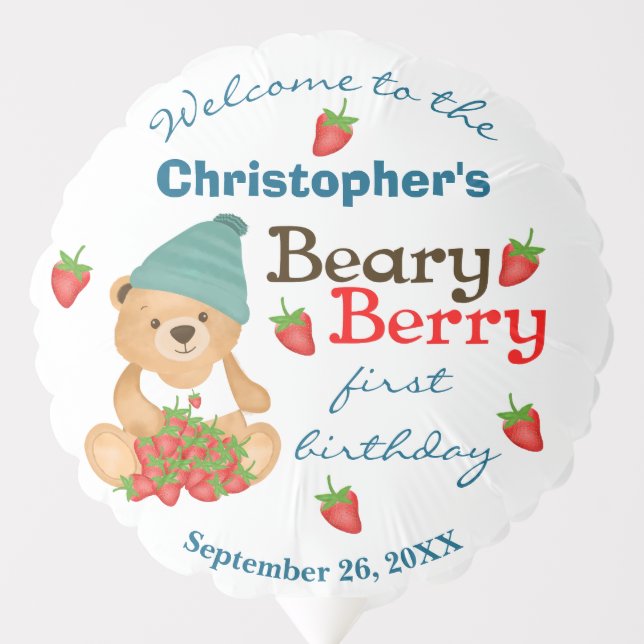 Beary Berry First Birthday Summer Strawberries Cub Balloon (Front)