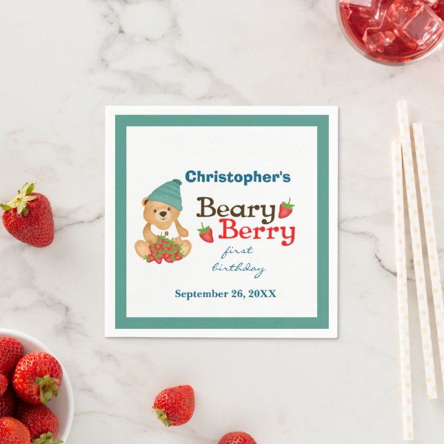 Beary Berry First Birthday Teddy Bear Strawberries Napkins (Insitu)
