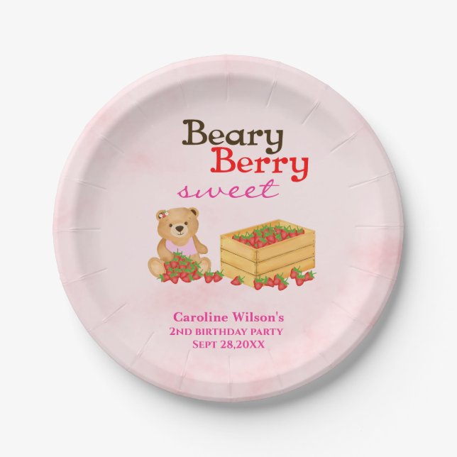 Beary Berry Sweet Strawberry Girl Birthday Party Paper Plates (Front)