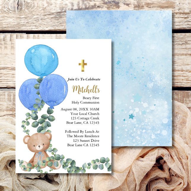 Beary Blue Balloon First Holy Communion Invitation (Creator Uploaded)