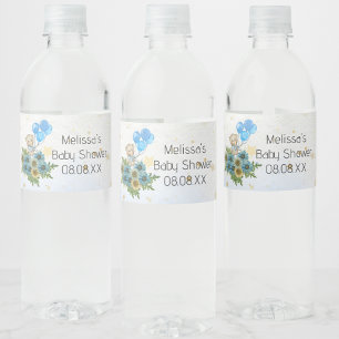 Beary boho rainbow bear blue balloon custom water bottle label