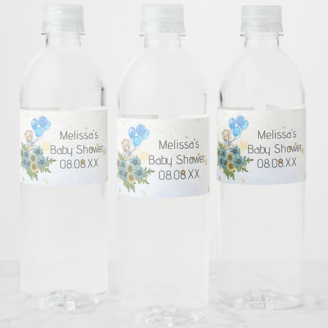 Beary boho rainbow bear blue balloon custom water bottle label (Creator Uploaded)