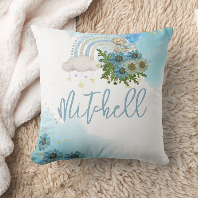 Beary Boho Rainbow Blue Balloon Personalize Throw Pillow (Creator Uploaded)
