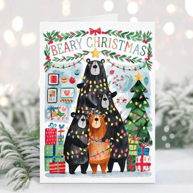 Beary Christmas Cute Bears Merry Christmas Card (Folded Beary Christmas Bears Christmas Card - Personalize with your greeting and names.)