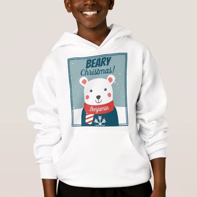 Beary Christmas cute cartoon polar bear with name Hoodie (Front)