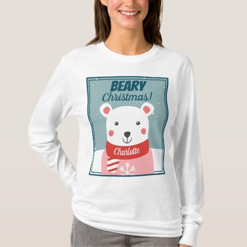Beary Christmas cute cartoon polar bear with name T_Shirt