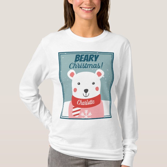 Beary Christmas cute cartoon polar bear with name T-Shirt (Front)