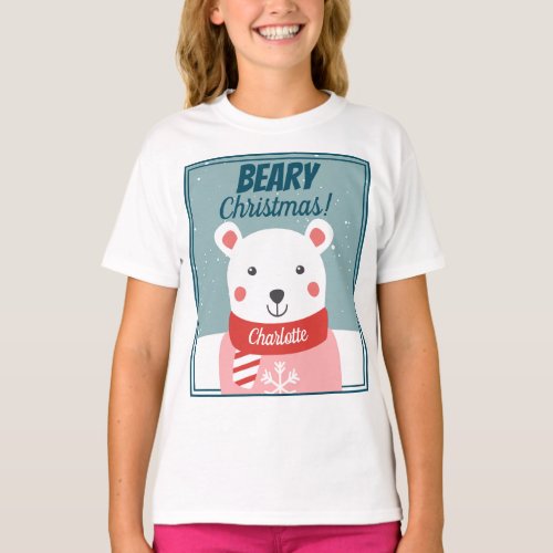 Beary Christmas cute cartoon polar bear with name T_Shirt