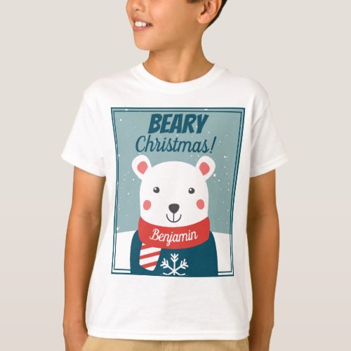 Beary Christmas cute cartoon polar bear with name T_Shirt