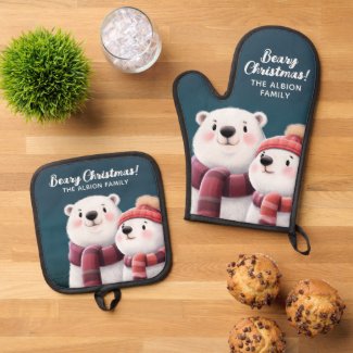 Beary Christmas Cute Polar Bear Cubs Mitt & Potholder Set