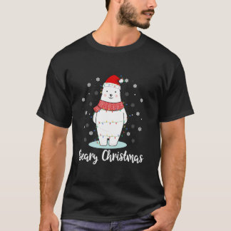 Beary Christmas Polar Bear Santa Hat Lights Snowfl T-Shirt