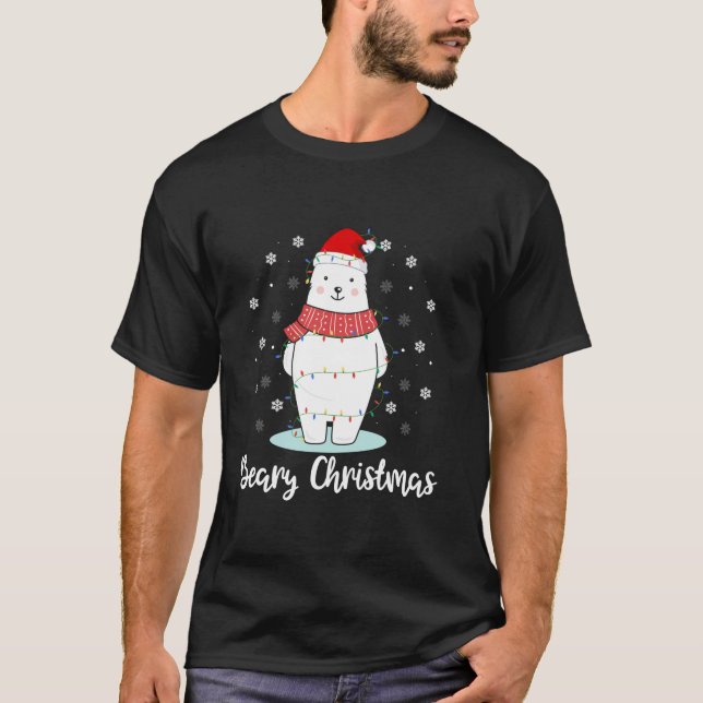 Beary Christmas Polar Bear Santa Hat Lights Snowfl T-Shirt (Front)