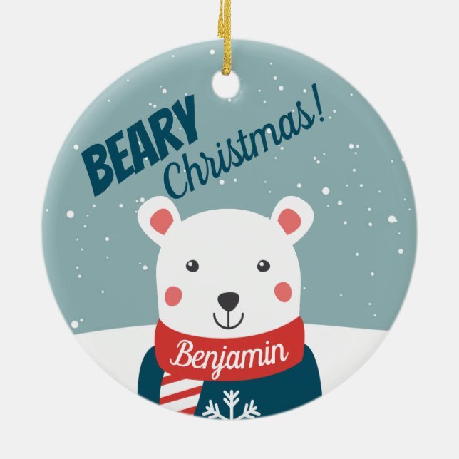 Beary Christmas with cartoon polar bear Ceramic Ornament (Back)