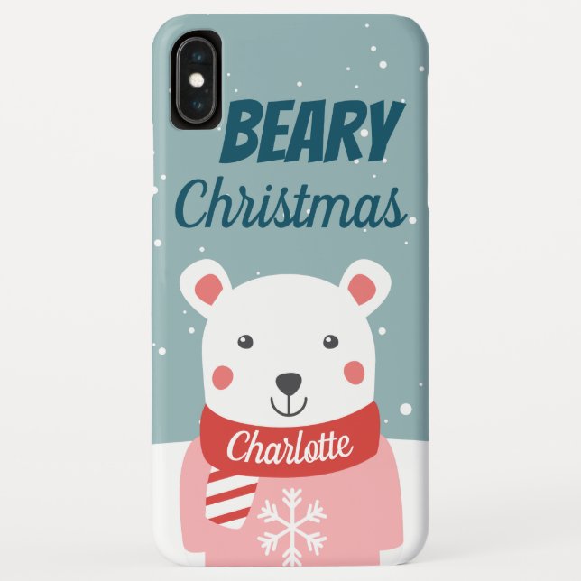 Beary Christmas with cartoon polar bear with name Case-Mate iPhone Case (Back)