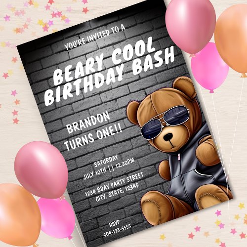Beary Cool Hip Hop Teddy Bear First Birthday Party Invitation