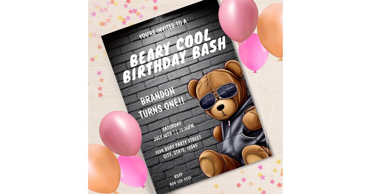 Beary Cool Hip Hop Teddy Bear First Birthday Party Invitation | Zazzle
