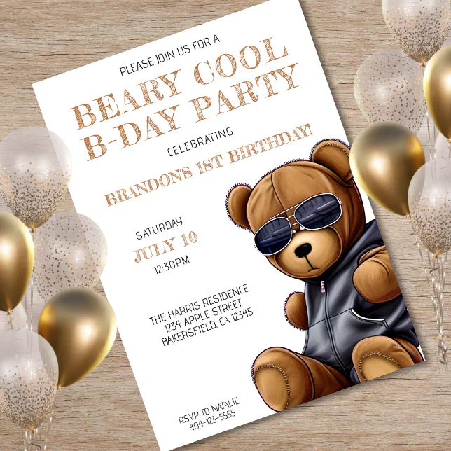 Beary Cool Teddy Bear Boy 1st Birthday Party Invitation | Zazzle