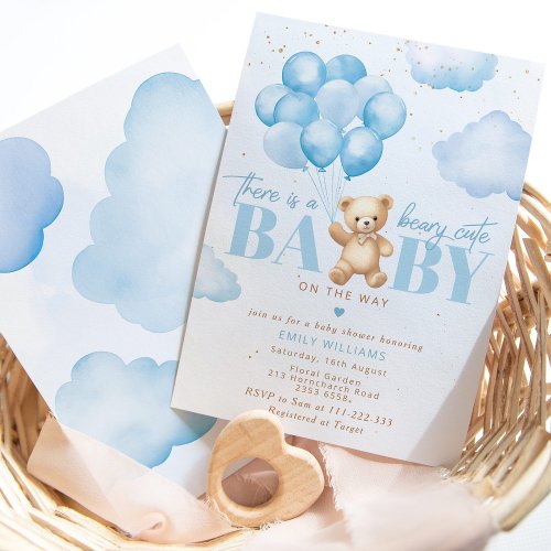 Beary cute baby on the way blue teddy bear balloon invitation