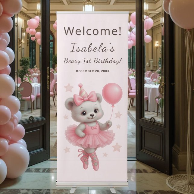 Beary Cute Ballerina Bear 1st Birthday  Retractable Banner (Creator Uploaded)
