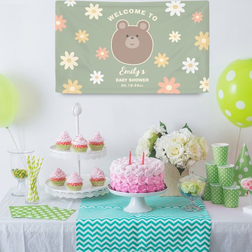 Beary Cute Bear Cub Sage Green Spring Baby Shower Banner