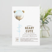 Beary Cute Blue Balloon Teddy Bear Baby Shower Invitation (Standing Front)