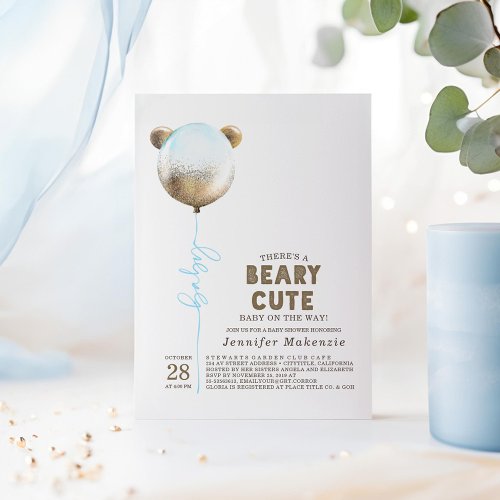 Beary Cute Blue Balloon Teddy Bear Baby Shower Invitation