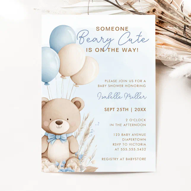 Beary Cute Blue Balloon Teddy Bear Boy Baby Shower Invitation | Zazzle