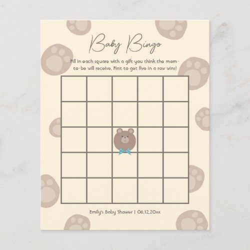 Beary Cute Brown Teddy Bear Baby Shower Bingo Game