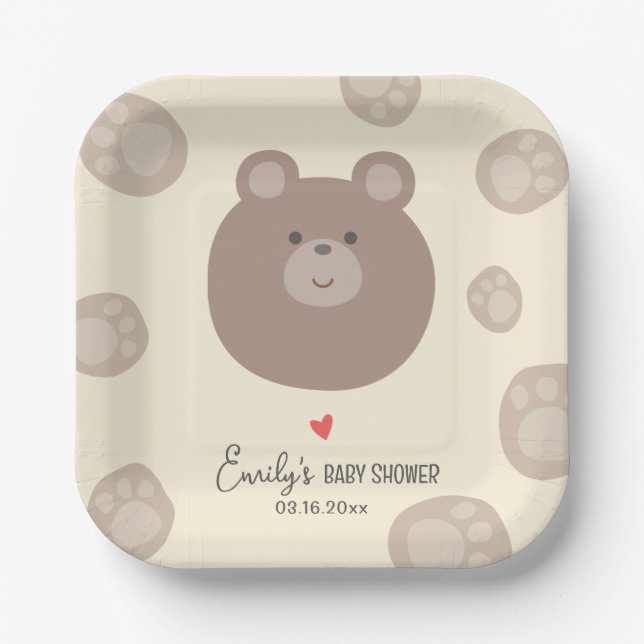 Beary Cute Brown Teddy Bear Cub Boy Baby Shower Paper Plates (Front)