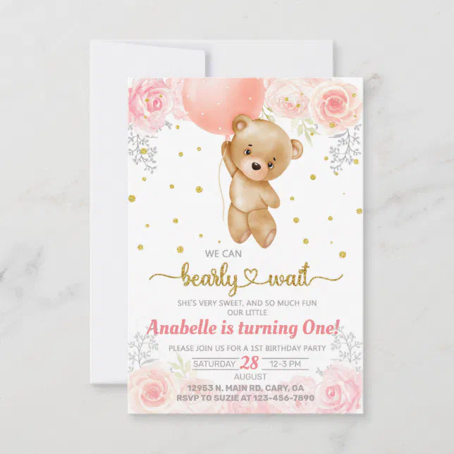 Beary cute girl first 1st birthday invitation. invitation | Zazzle
